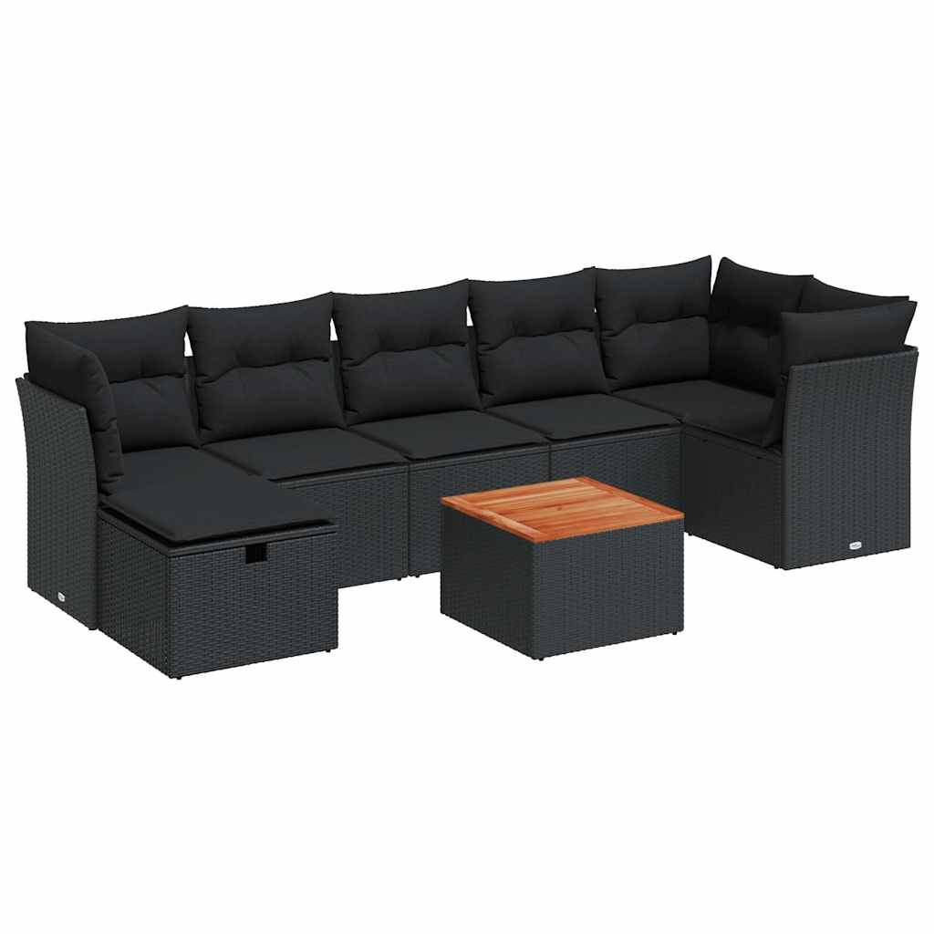 8 Piece Garden Sofa Set with Cushions Black Poly Rattan
