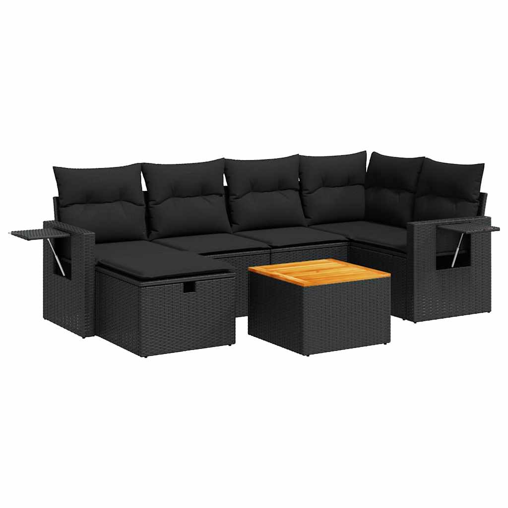 7 Piece Garden Sofa Set with Cushions Black Poly Rattan