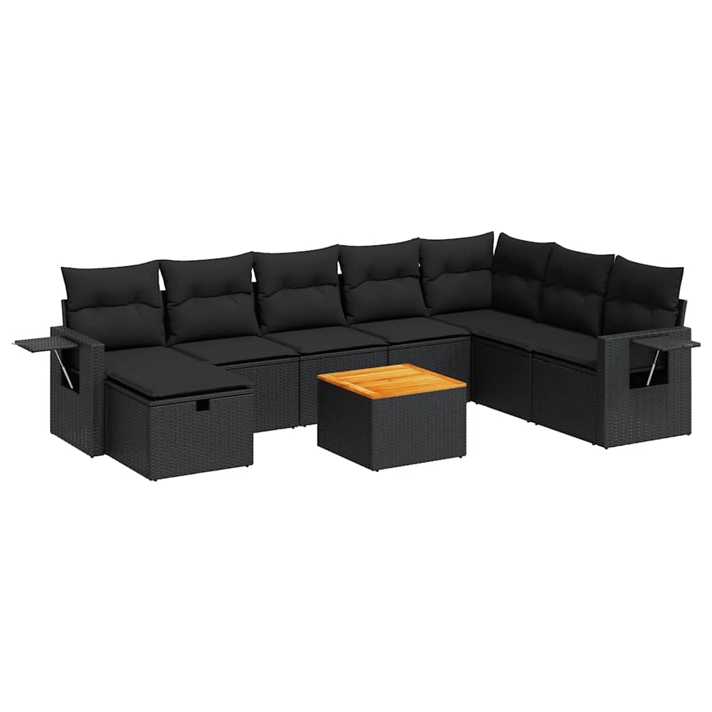 9 Piece Garden Sofa Set with Cushions Black Poly Rattan