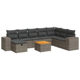 9 Piece Garden Sofa Set with Cushions Grey Poly Rattan - Front View