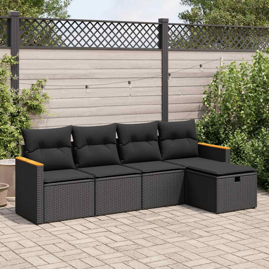 5 Piece Garden Sofa Set with Cushions Black Poly Rattan