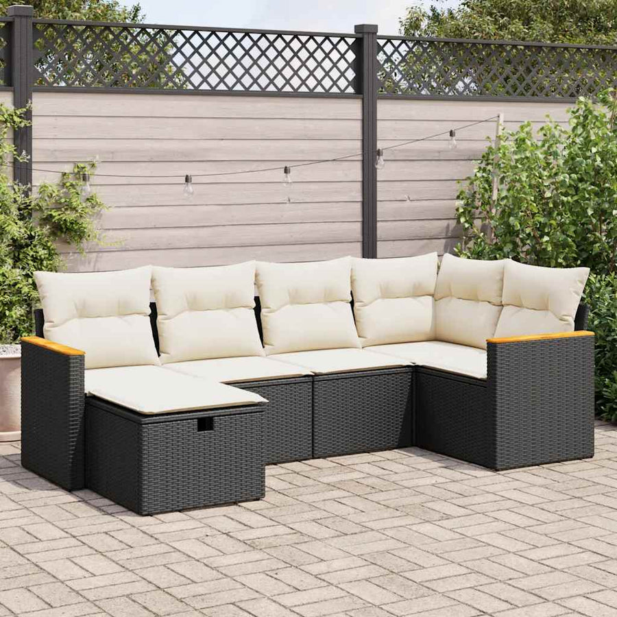 6 Piece Garden Sofa Set with Cushions Black Poly Rattan