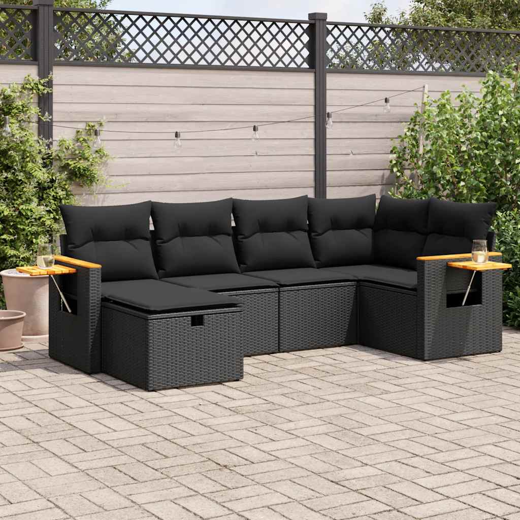 6 Piece Garden Sofa Set with Cushions Black Poly Rattan