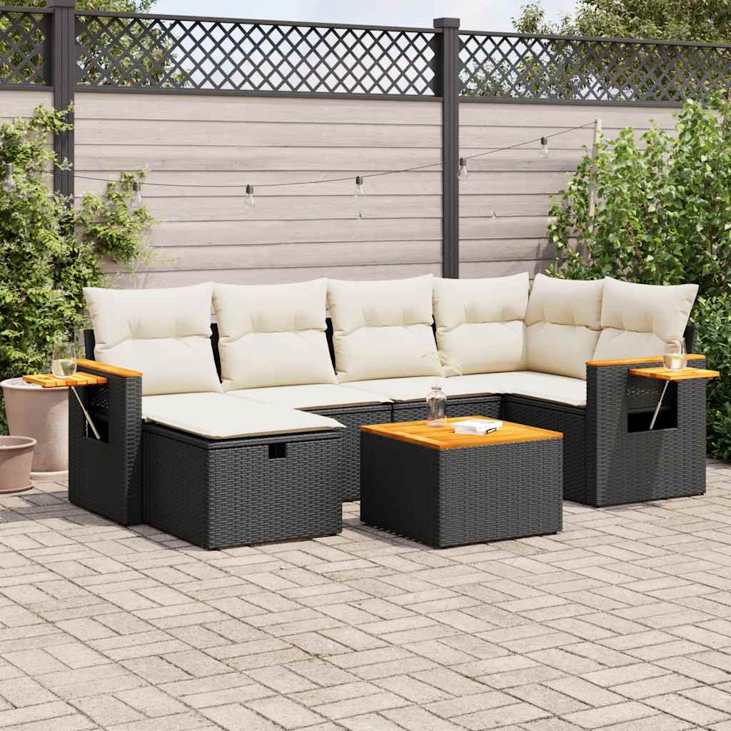 7 Piece Garden Sofa Set with Cushions Black Poly Rattan