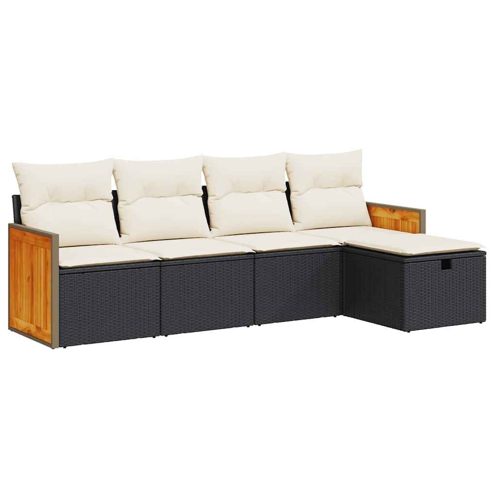 5 Piece Garden Sofa Set with Cushions Black Poly Rattan