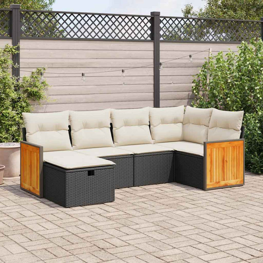 6 Piece Garden Sofa Set with Cushions Black Poly Rattan