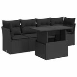 5 Piece Garden Sofa Set with Cushions Black Poly Rattan - Front View