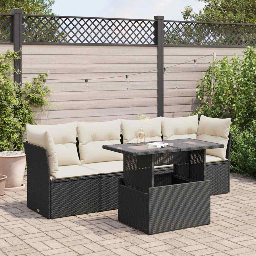 5 Piece Garden Sofa Set with Cushions Black Poly Rattan