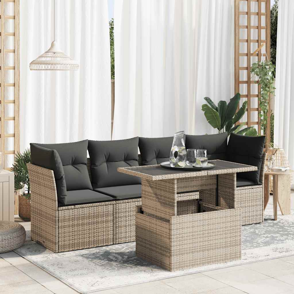 5 Piece Garden Sofa Set with Cushions Grey Poly Rattan