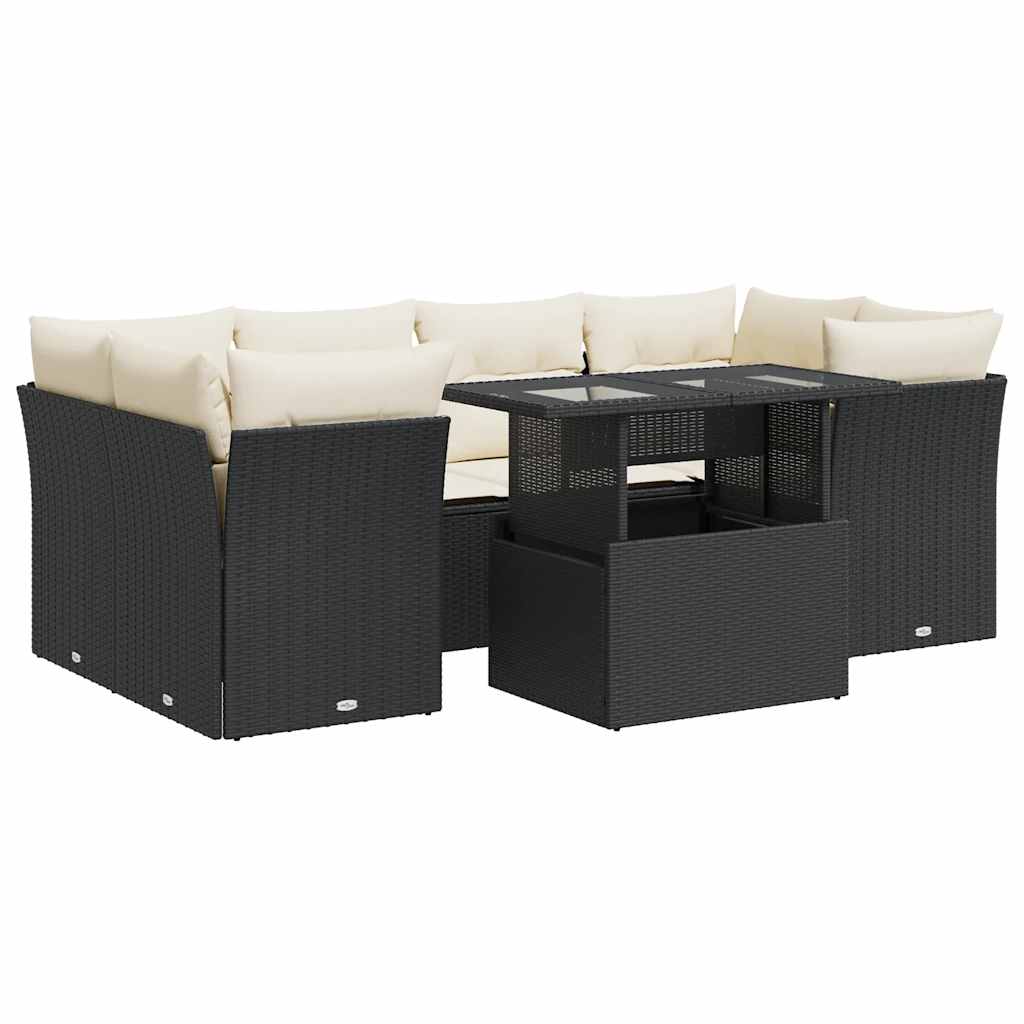 7 Piece Garden Sofa Set with Cushions Black Poly Rattan
