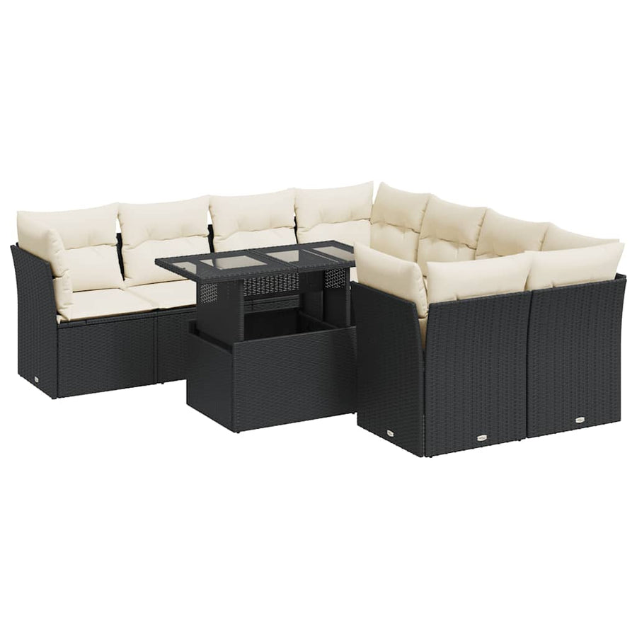9 Piece Garden Sofa Set with Cushions Black Poly Rattan