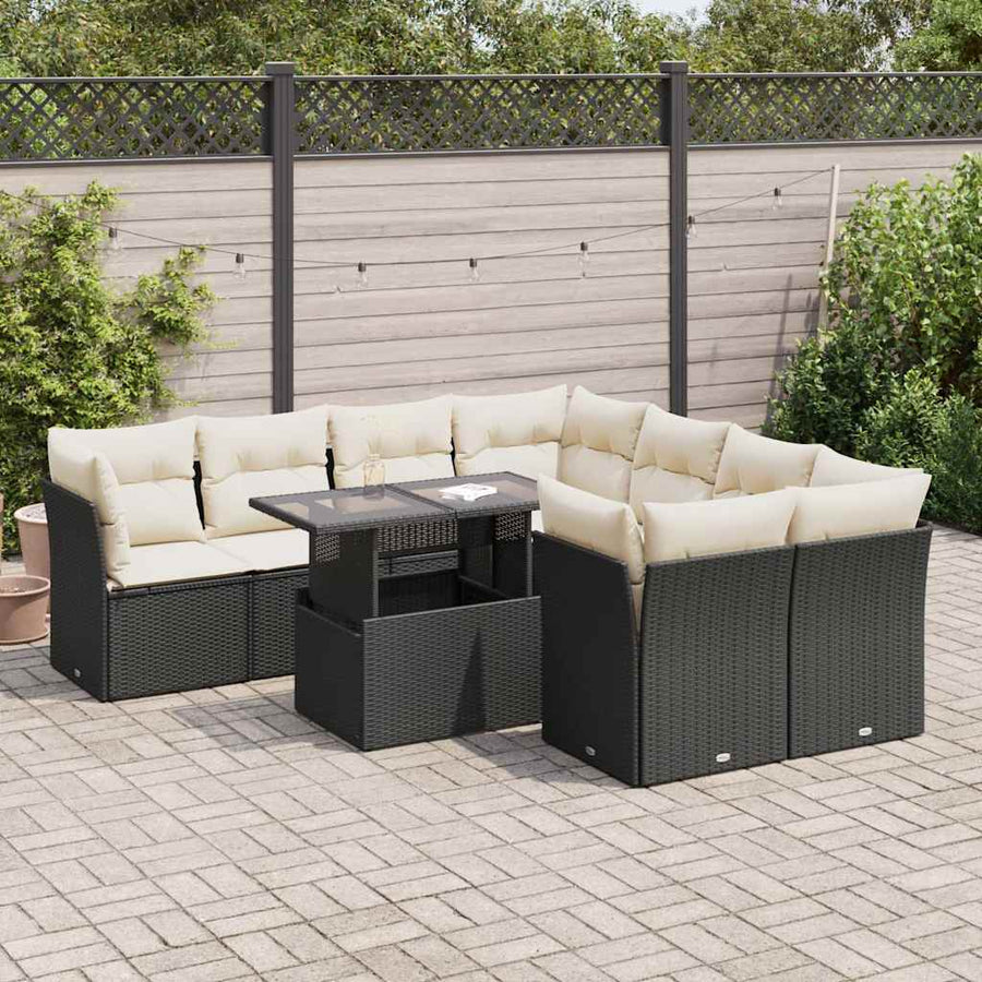 9 Piece Garden Sofa Set with Cushions Black Poly Rattan