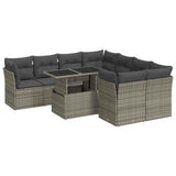 9 Piece Garden Sofa Set with Cushions Grey Poly Rattan - Front View