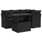 5 Piece Garden Sofa Set with Cushions Black Poly Rattan - Front View