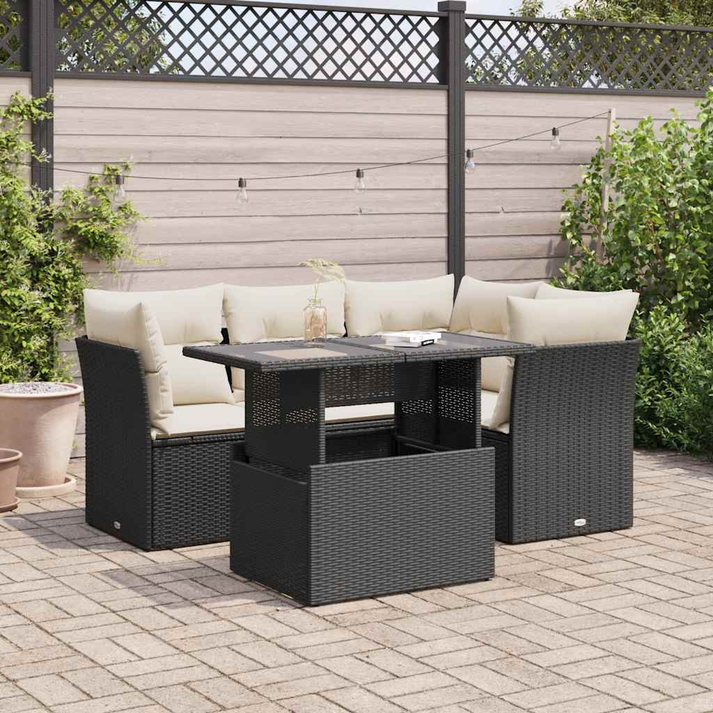 5 Piece Garden Sofa Set with Cushions Black Poly Rattan