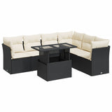 7 Piece Garden Sofa Set with Cushions Black Poly Rattan - Front View