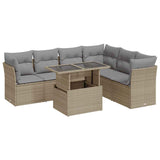 7 Piece Garden Sofa Set with Cushions Beige Poly Rattan - Front View