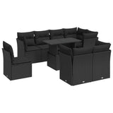 9 Piece Garden Sofa Set with Cushions Black Poly Rattan - Front View