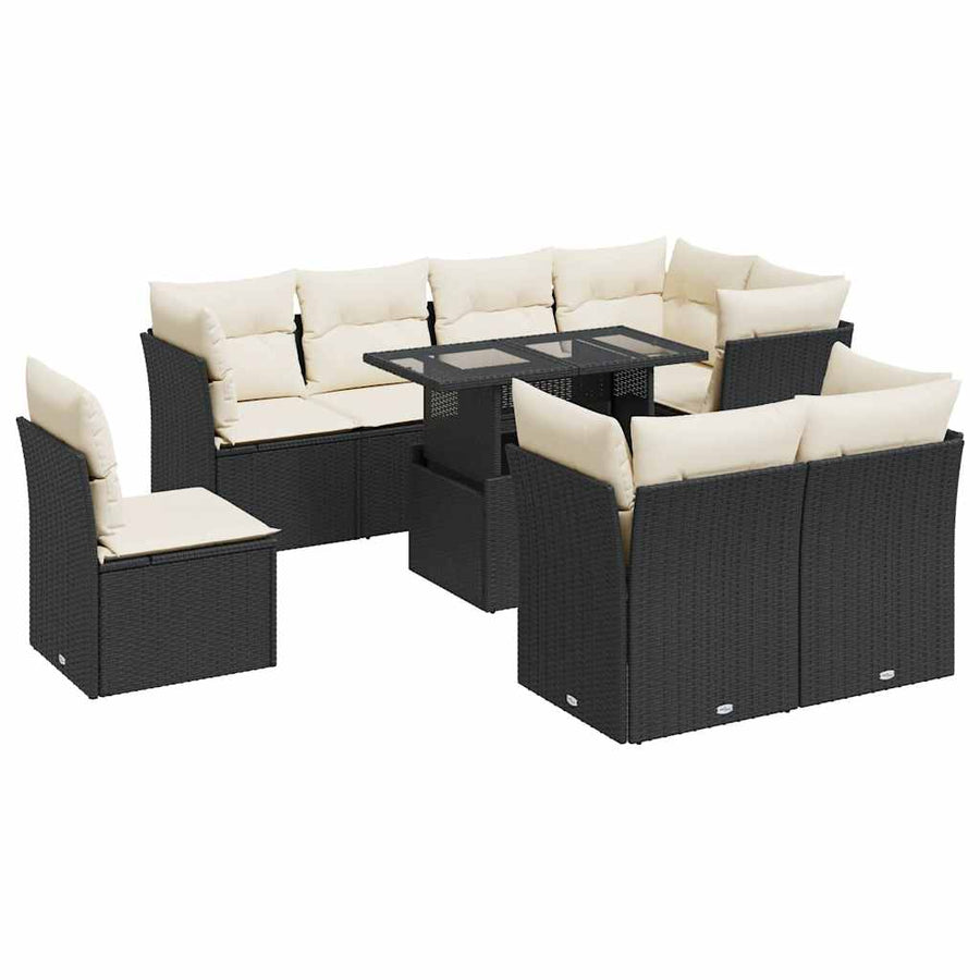9 Piece Garden Sofa Set with Cushions Black Poly Rattan