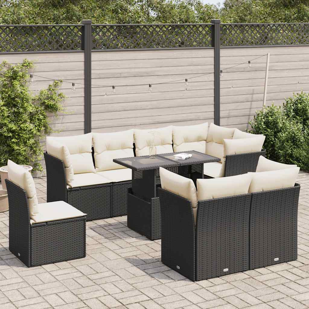9 Piece Garden Sofa Set with Cushions Black Poly Rattan