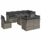 9 Piece Garden Sofa Set with Cushions Grey Poly Rattan - Front View
