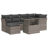 7 Piece Garden Sofa Set with Cushions Grey Poly Rattan - Front View
