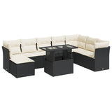 9 Piece Garden Sofa Set with Cushions Black Poly Rattan - Front View