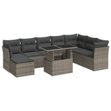 9 Piece Garden Sofa Set with Cushions Grey Poly Rattan - Front View