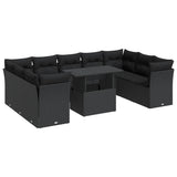 10 Piece Garden Sofa Set with Cushions Black Poly Rattan - Front View