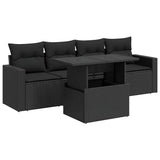 5 Piece Garden Sofa Set with Cushions Black Poly Rattan - Front View