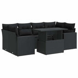7 Piece Garden Sofa Set with Cushions Black Poly Rattan - Front View