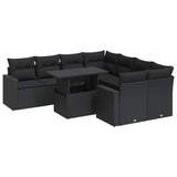 9 Piece Garden Sofa Set with Cushions Black Poly Rattan - Front View
