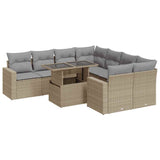 9 Piece Garden Sofa Set with Cushions Beige Poly Rattan - Front View