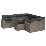 9 Piece Garden Sofa Set with Cushions Grey Poly Rattan - Front View