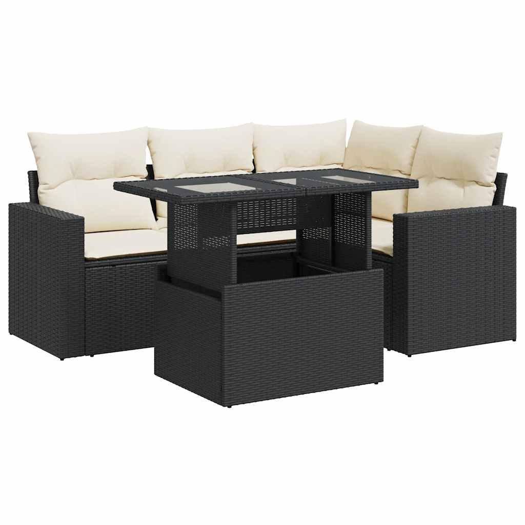 5 Piece Garden Sofa Set with Cushions Black Poly Rattan