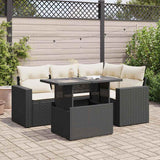 5 Piece Garden Sofa Set with Cushions Black Poly Rattan