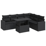 7 Piece Garden Sofa Set with Cushions Black Poly Rattan - Front View