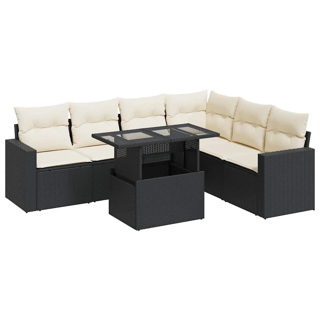 7 Piece Garden Sofa Set with Cushions Black Poly Rattan