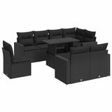 9 Piece Garden Sofa Set with Cushions Black Poly Rattan - Front View