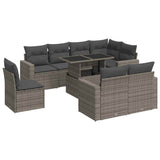 9 Piece Garden Sofa Set with Cushions Grey Poly Rattan - Front View