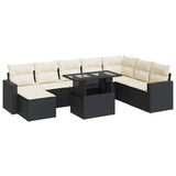 9 Piece Garden Sofa Set with Cushions Black Poly Rattan - Front View