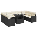 10 Piece Garden Sofa Set with Cushions Black Poly Rattan - Front View