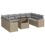 10 Piece Garden Sofa Set with Cushions Beige Poly Rattan - Front View