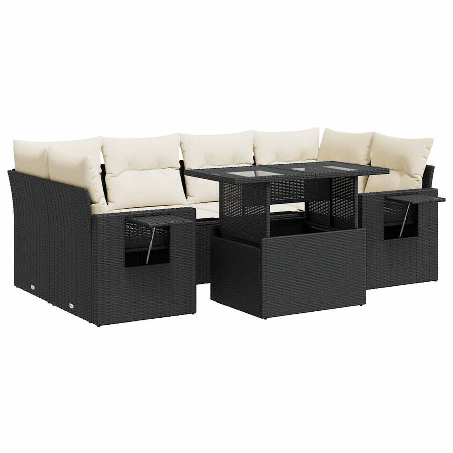 7 Piece Garden Sofa Set with Cushions Black Poly Rattan