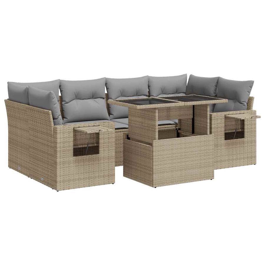 7 Piece Garden Sofa Set with Cushions Beige Poly Rattan