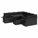 9 Piece Garden Sofa Set with Cushions Black Poly Rattan - Front View