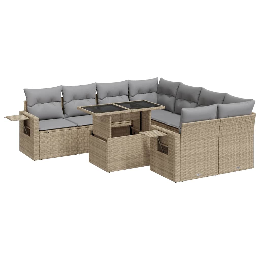 9 Piece Garden Sofa Set with Cushions Beige Poly Rattan