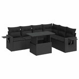 7 Piece Garden Sofa Set with Cushions Black Poly Rattan - Front View