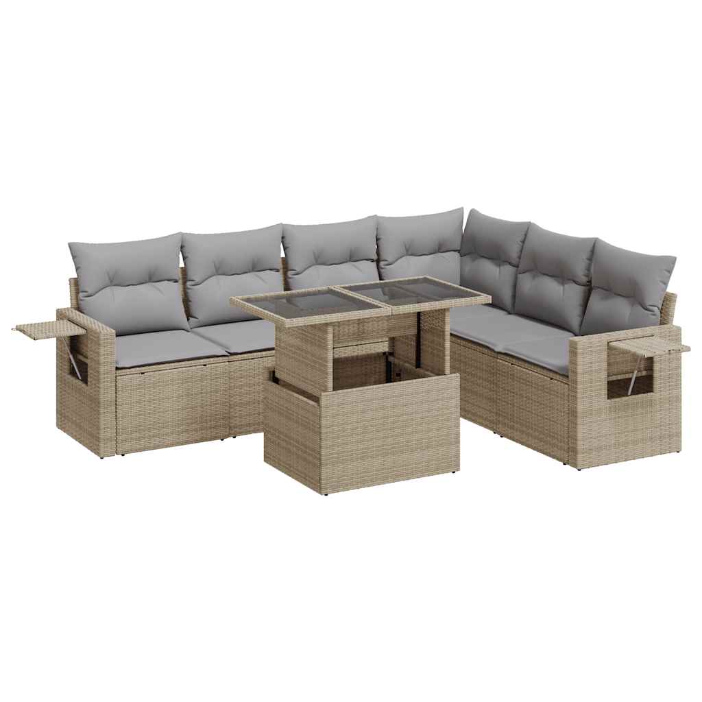 7 Piece Garden Sofa Set with Cushions Beige Poly Rattan