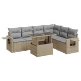 7 Piece Garden Sofa Set with Cushions Beige Poly Rattan - Front View